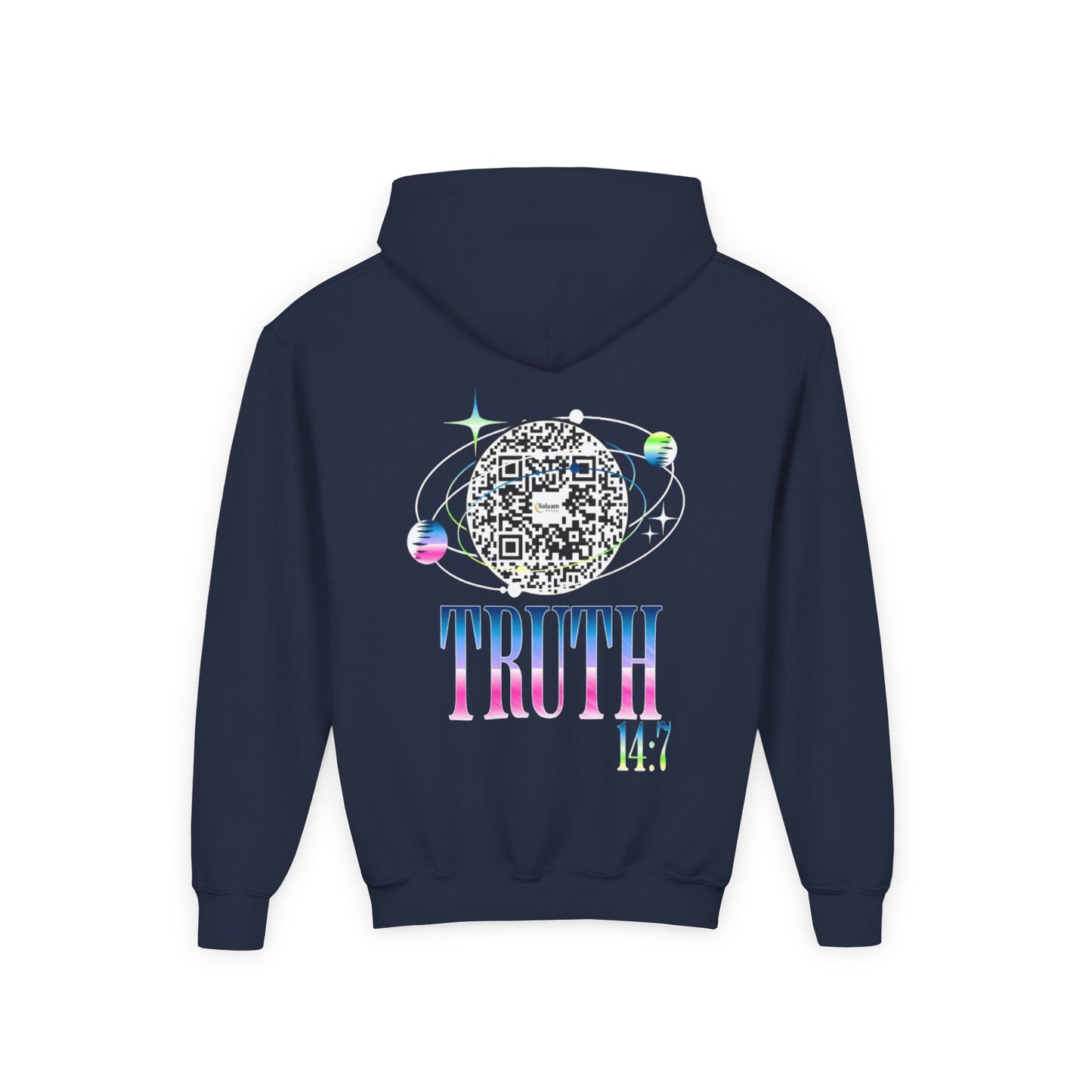 Salaam Styles | Surah Ibrahim 14:7 | Black & Navy Youth Hoodie with Qr-Code