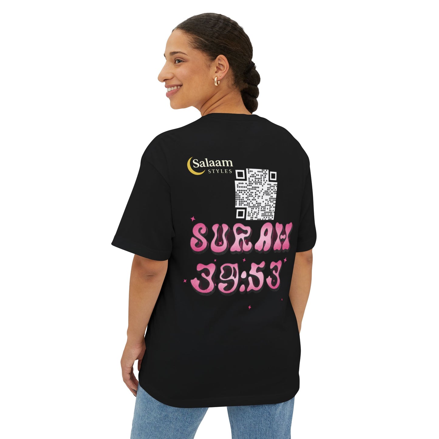 Salaam Styles | Surah Az-Zumar (39):53 | Black Unisex Oversized Boxy Tee with Surah Ash-Sharh QR Code