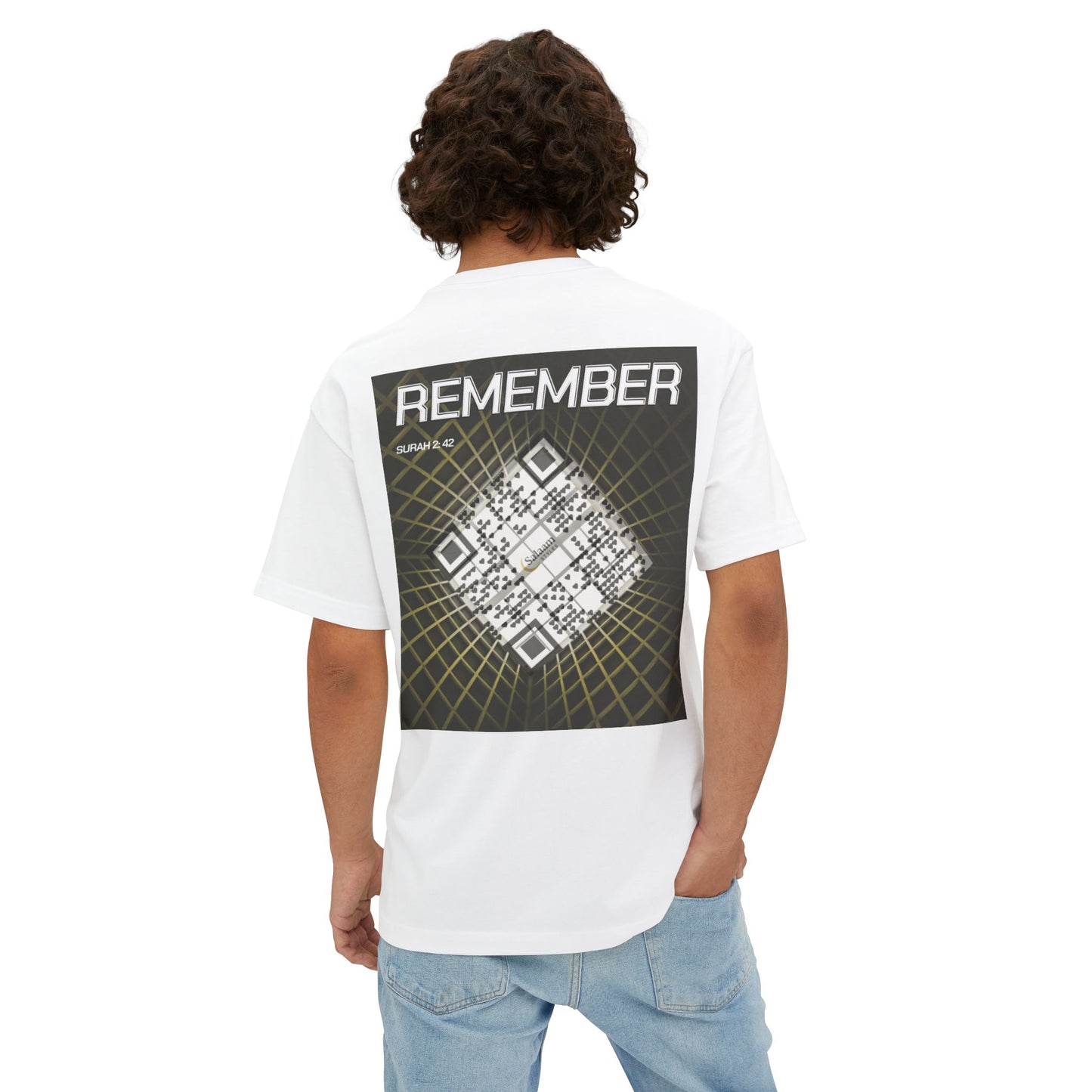 Salaam Styles | Surah Al-Baqarah 2:42 | Black & White Unisex Oversized Boxy Tee with QR Code