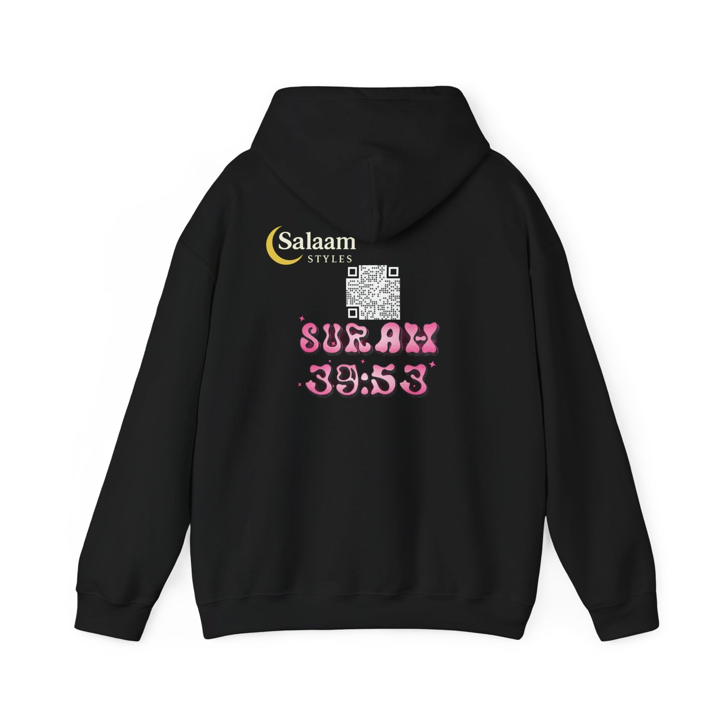 Salaam Styles | Surah Az-Zumar (39):53 |Black, Stylish Unisex Hoodie with Qr-Code