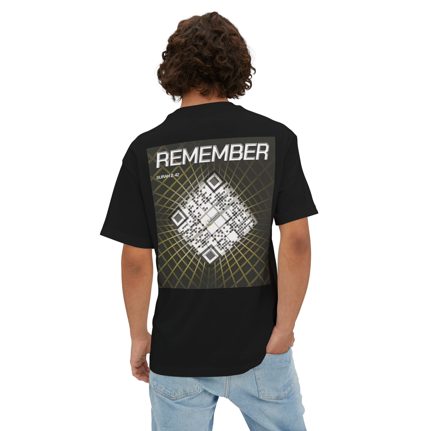 Salaam Styles | Surah Al-Baqarah 2:42 | Black & White Unisex Oversized Boxy Tee with QR Code