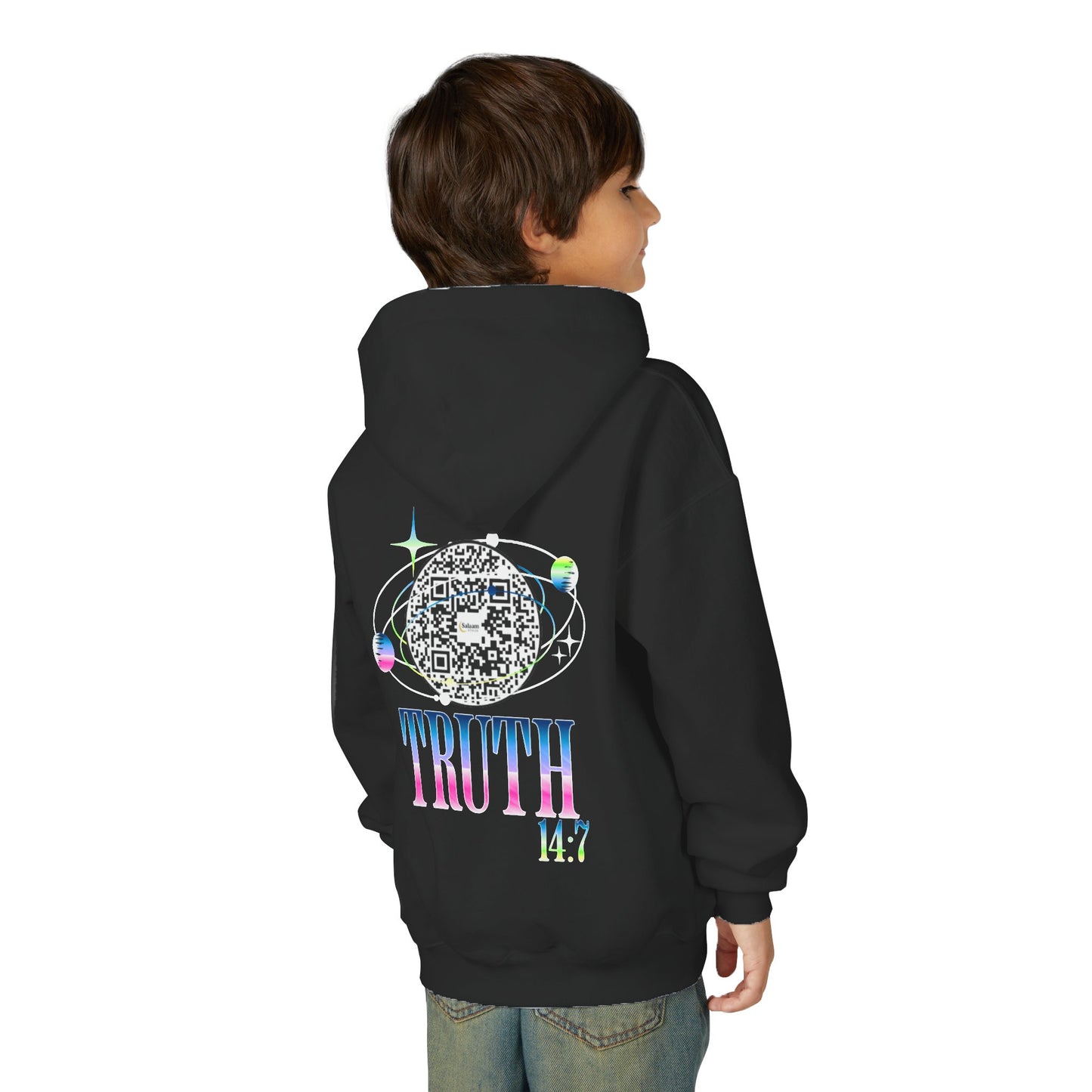 Salaam Styles | Surah Ibrahim 14:7 | Black & Navy Youth Hoodie with Qr-Code