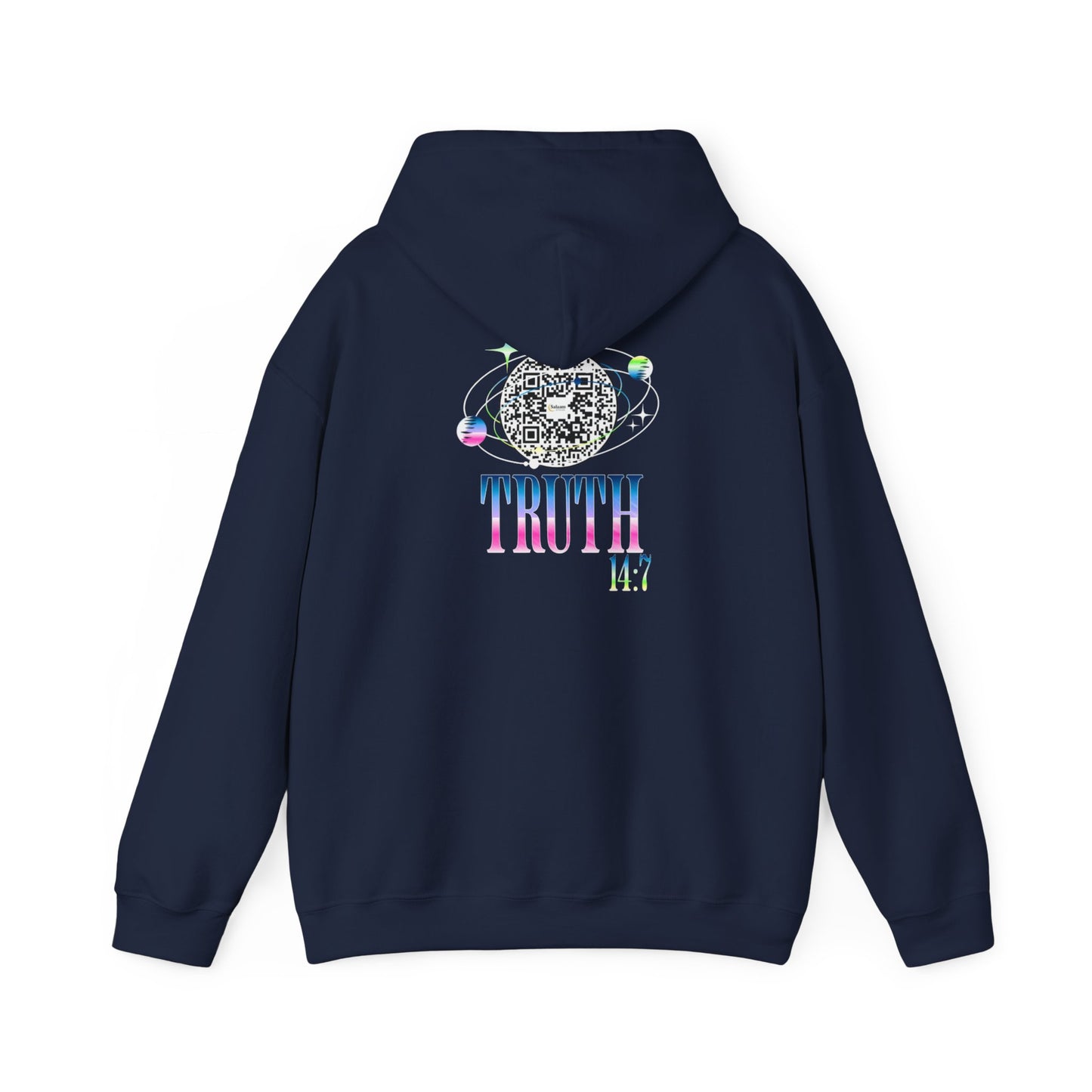 Salaam Styles | Surah Ibrahim 14:7 |Black & Navy Unisex Graphic Hoodie with Qr-Code