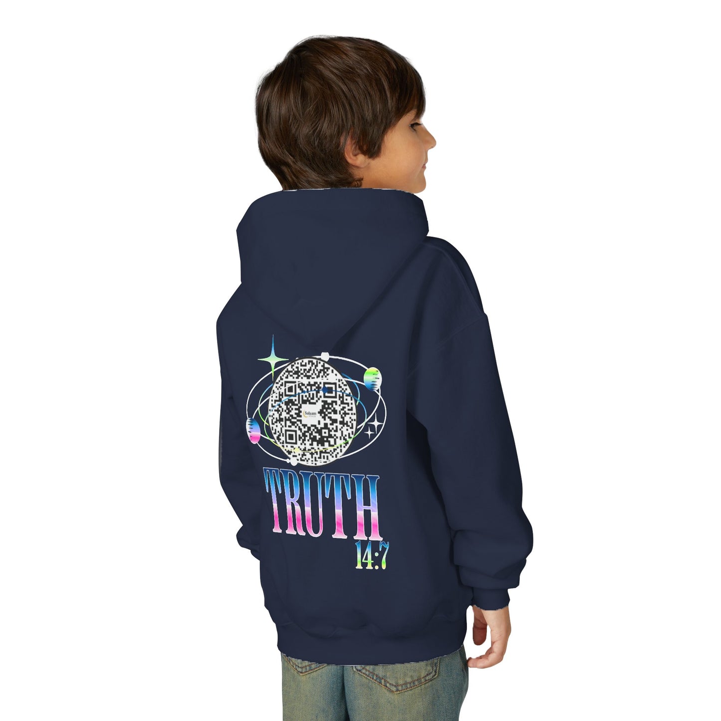 Salaam Styles | Surah Ibrahim 14:7 | Black & Navy Youth Hoodie with Qr-Code