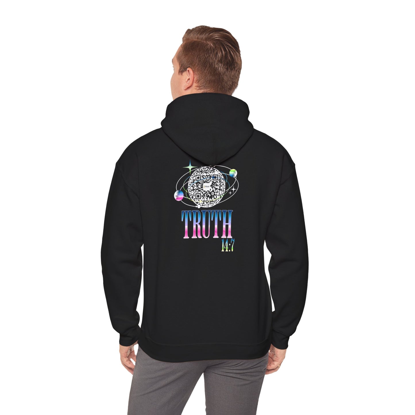 Salaam Styles | Surah Ibrahim 14:7 |Black & Navy Unisex Graphic Hoodie with Qr-Code