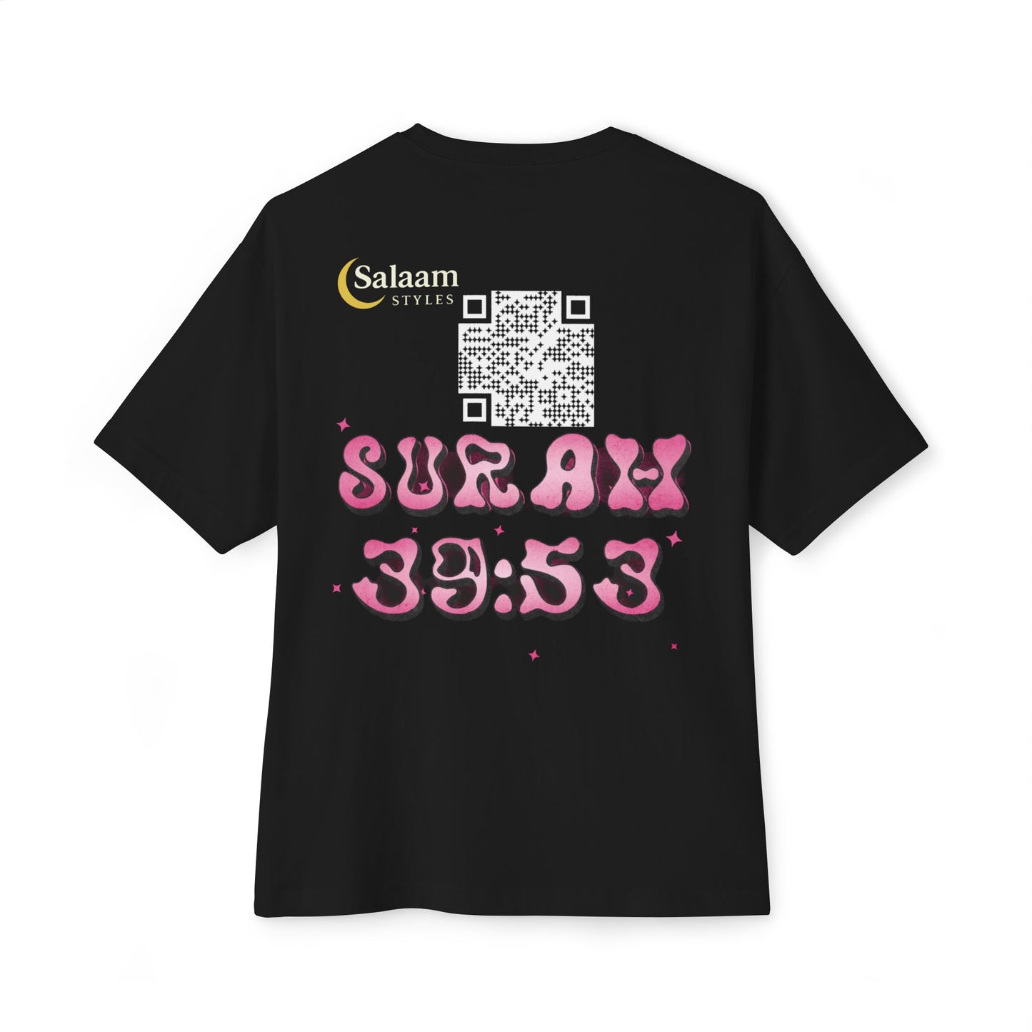 Salaam Styles | Surah Az-Zumar (39):53 | Black Unisex Oversized Boxy Tee with Surah Ash-Sharh QR Code