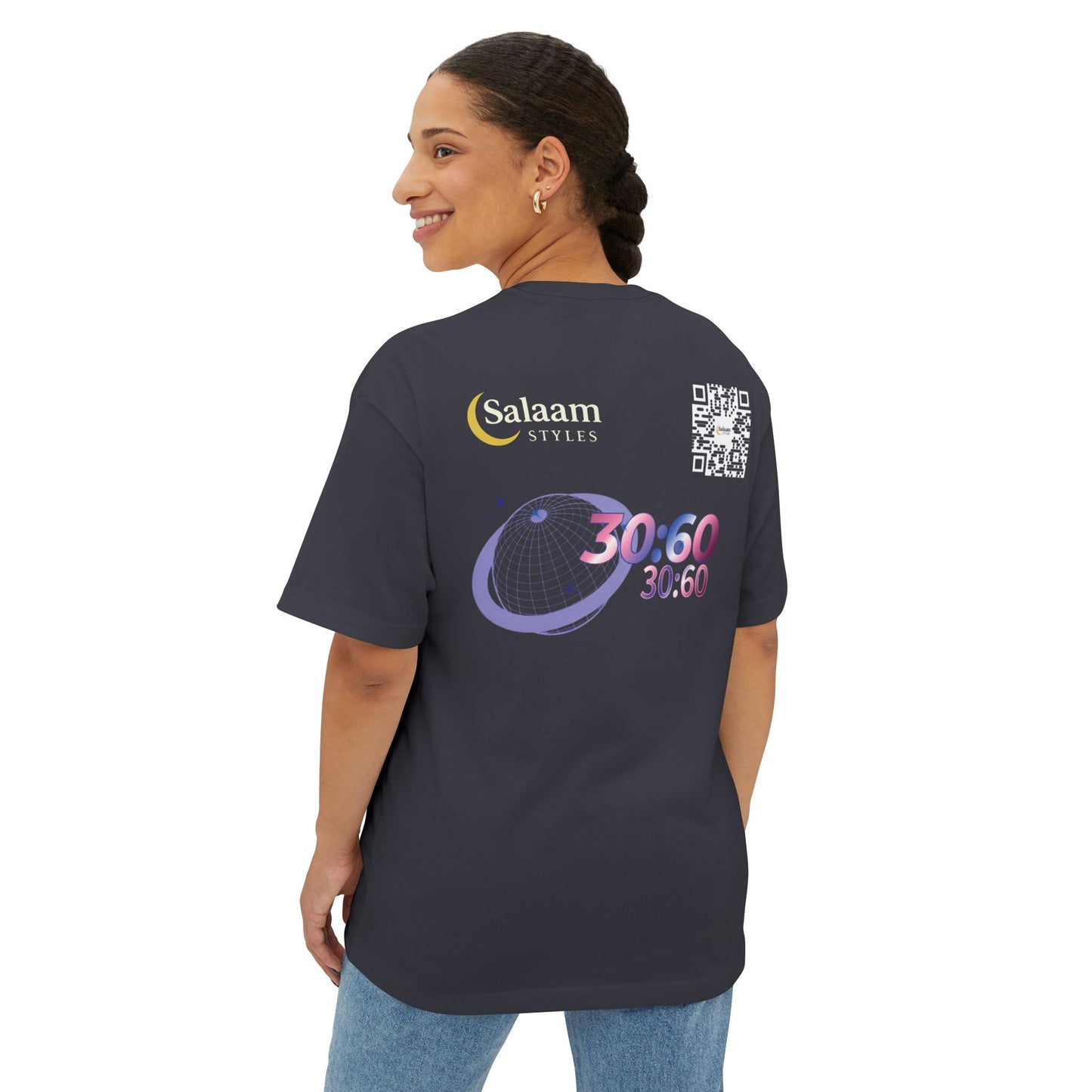 Salaam Styles | Surah Ar-Rum 30:60 | Multiple Colors Unisex Oversized Boxy Tee with QR Code