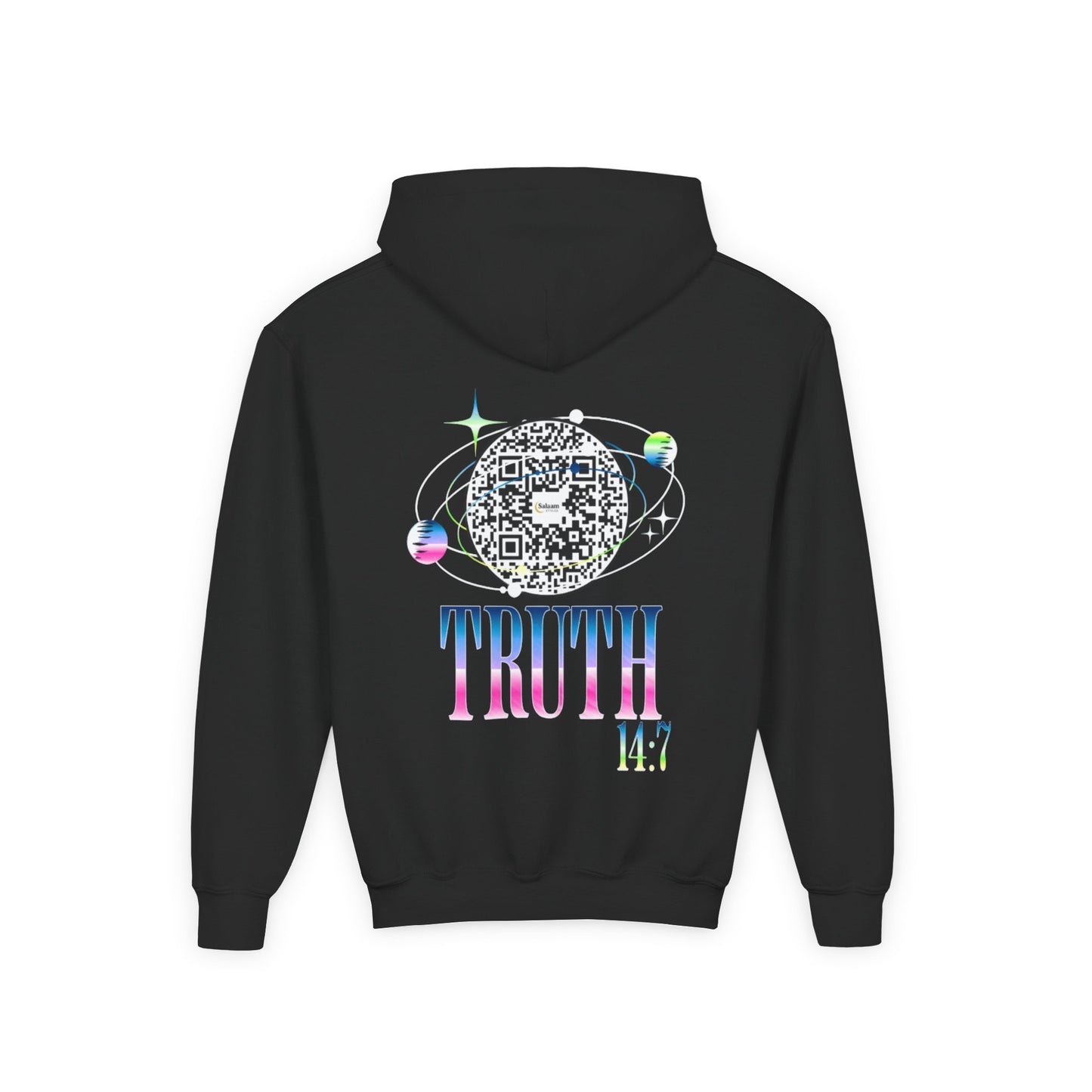 Salaam Styles | Surah Ibrahim 14:7 | Black & Navy Youth Hoodie with Qr-Code