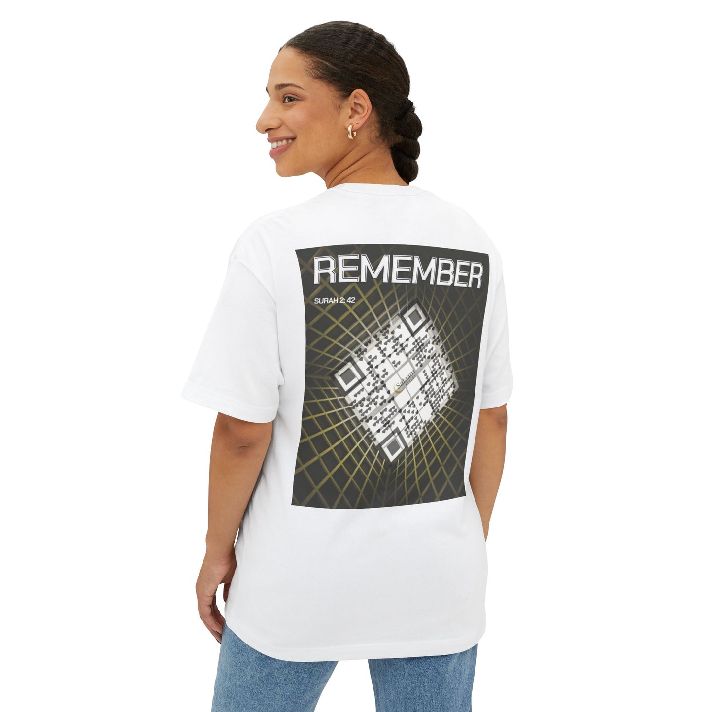 Salaam Styles | Surah Al-Baqarah 2:42 | Black & White Unisex Oversized Boxy Tee with QR Code