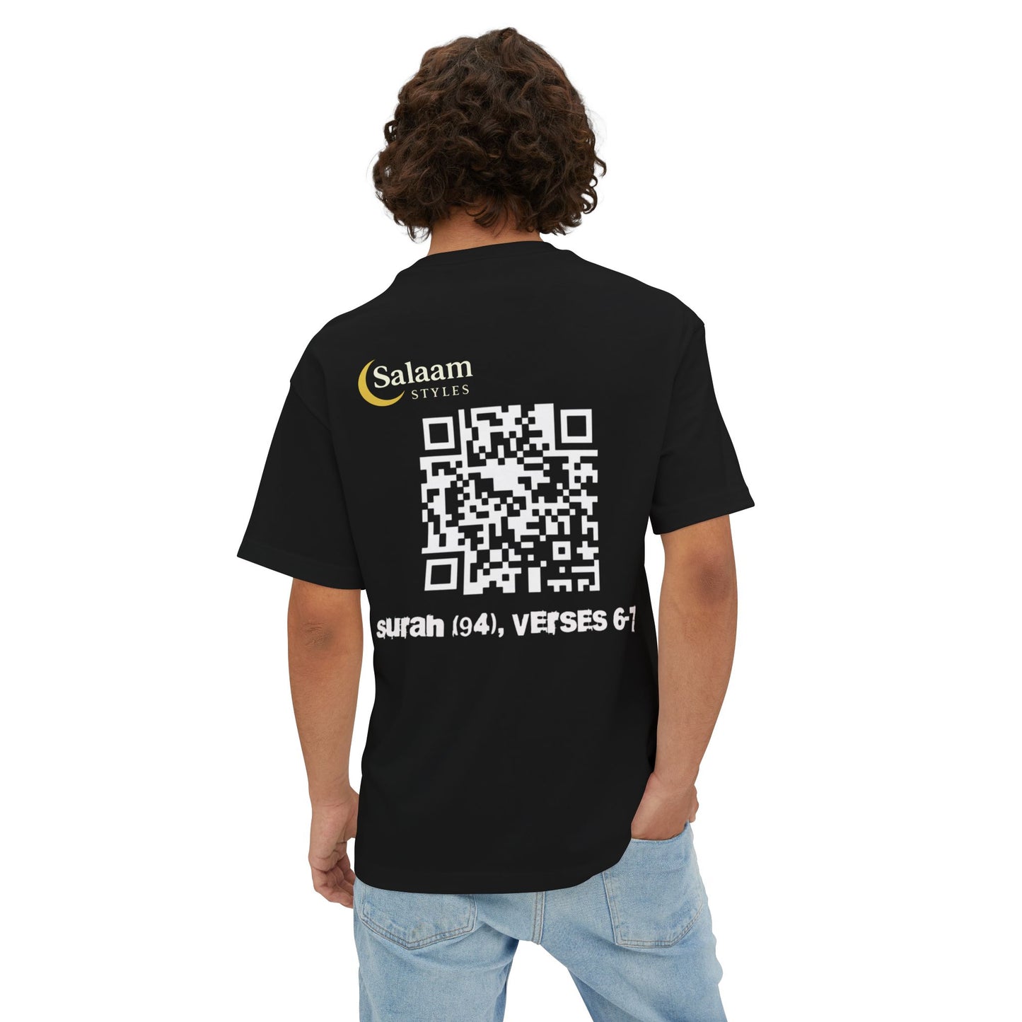 Salaam Styles | Surah Ash-Sharah 94:6-7 | Black Unisex Oversized Boxy Tee with QR Code