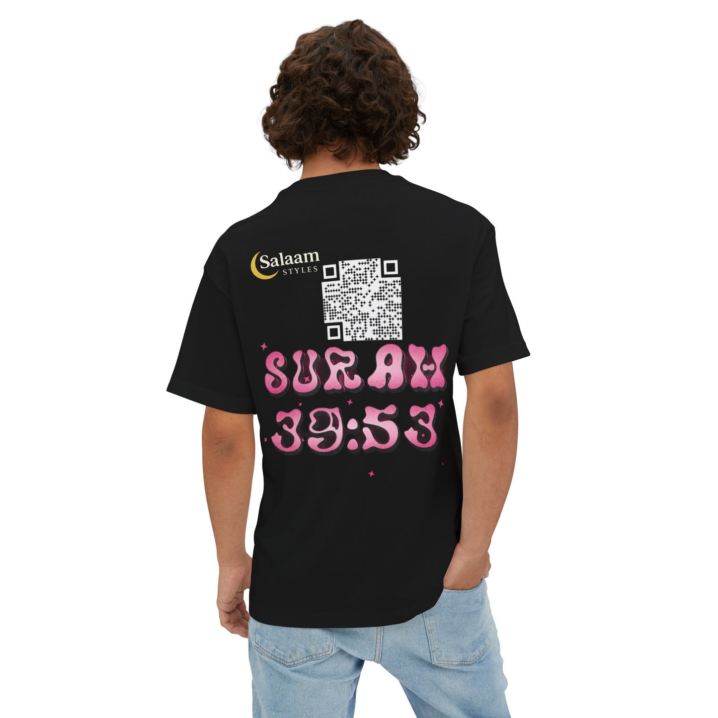 Salaam Styles | Surah Az-Zumar (39):53 | Black Unisex Oversized Boxy Tee with Surah Ash-Sharh QR Code