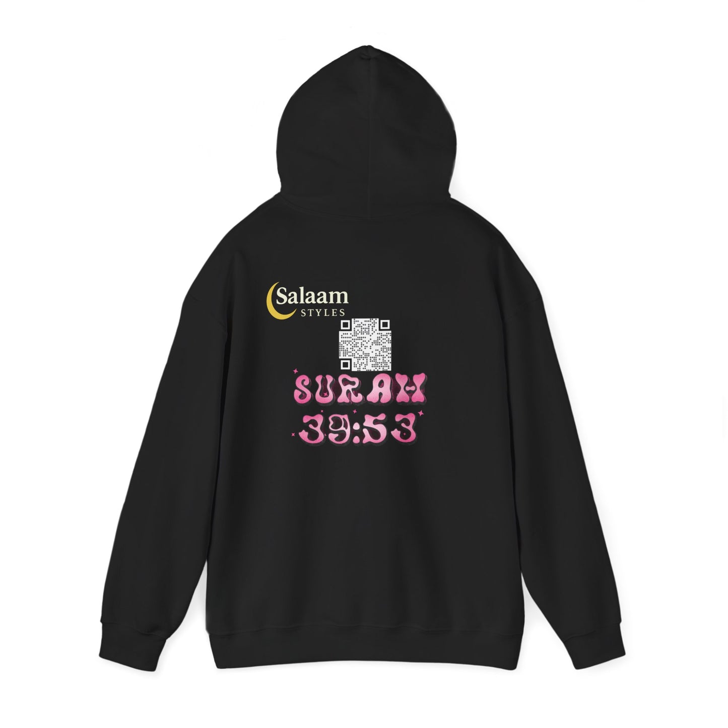 Salaam Styles | Surah Az-Zumar (39):53 |Black, Stylish Unisex Hoodie with Qr-Code