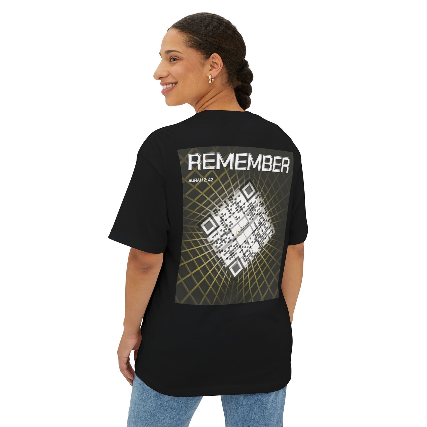 Salaam Styles | Surah Al-Baqarah 2:42 | Black & White Unisex Oversized Boxy Tee with QR Code