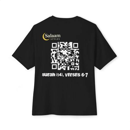 Salaam Styles | Surah Ash-Sharah 94:6-7 | Black Unisex Oversized Boxy Tee with QR Code