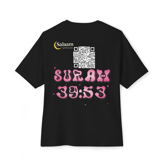 Salaam Styles | Surah Az-Zumar (39):53 | Black Unisex Oversized Boxy Tee with Surah Ash-Sharh QR Code